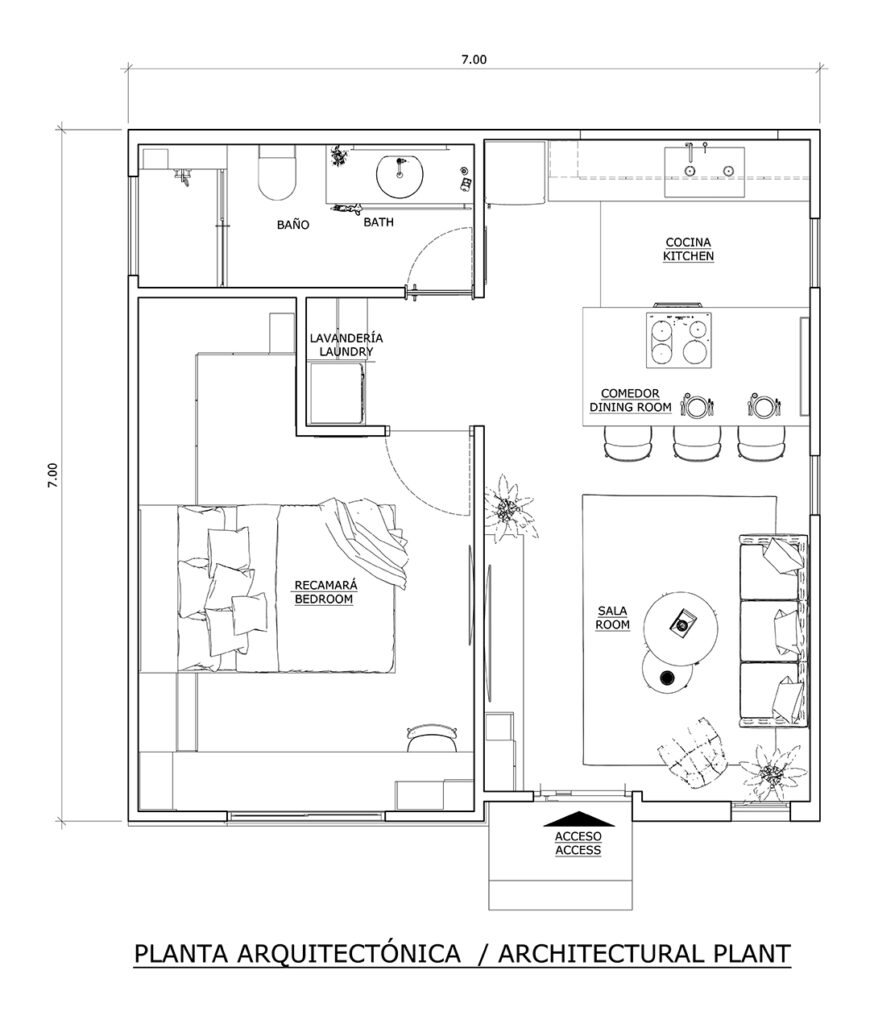 Plano de casa 7x7 metros moderna