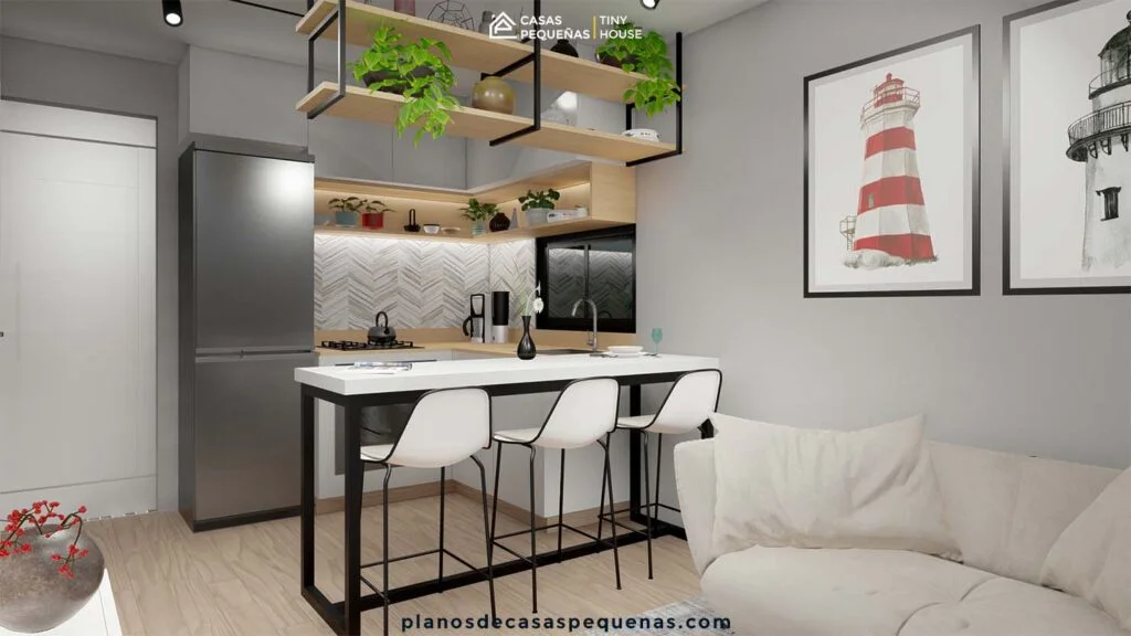 sala, comedor y cocina de casa 6x6