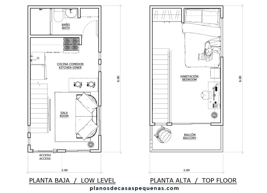 ▷ Casa 3x6 de DOS PISOS, plano de Vivienda Pequeña y Bonita