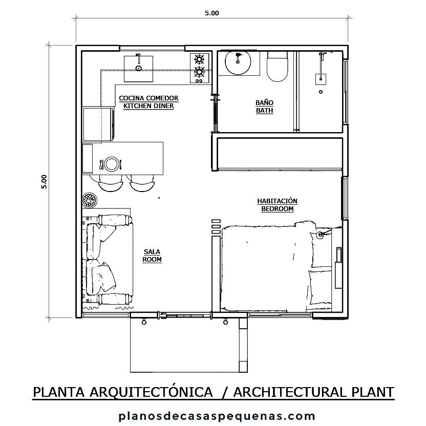 Croquis o plano arquitectónico de casa pequeña de 5x5 metros. 