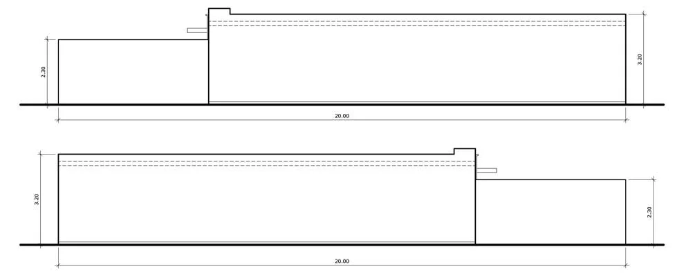 Plano de Elevaciones laterales de casa 4.50x20 metros