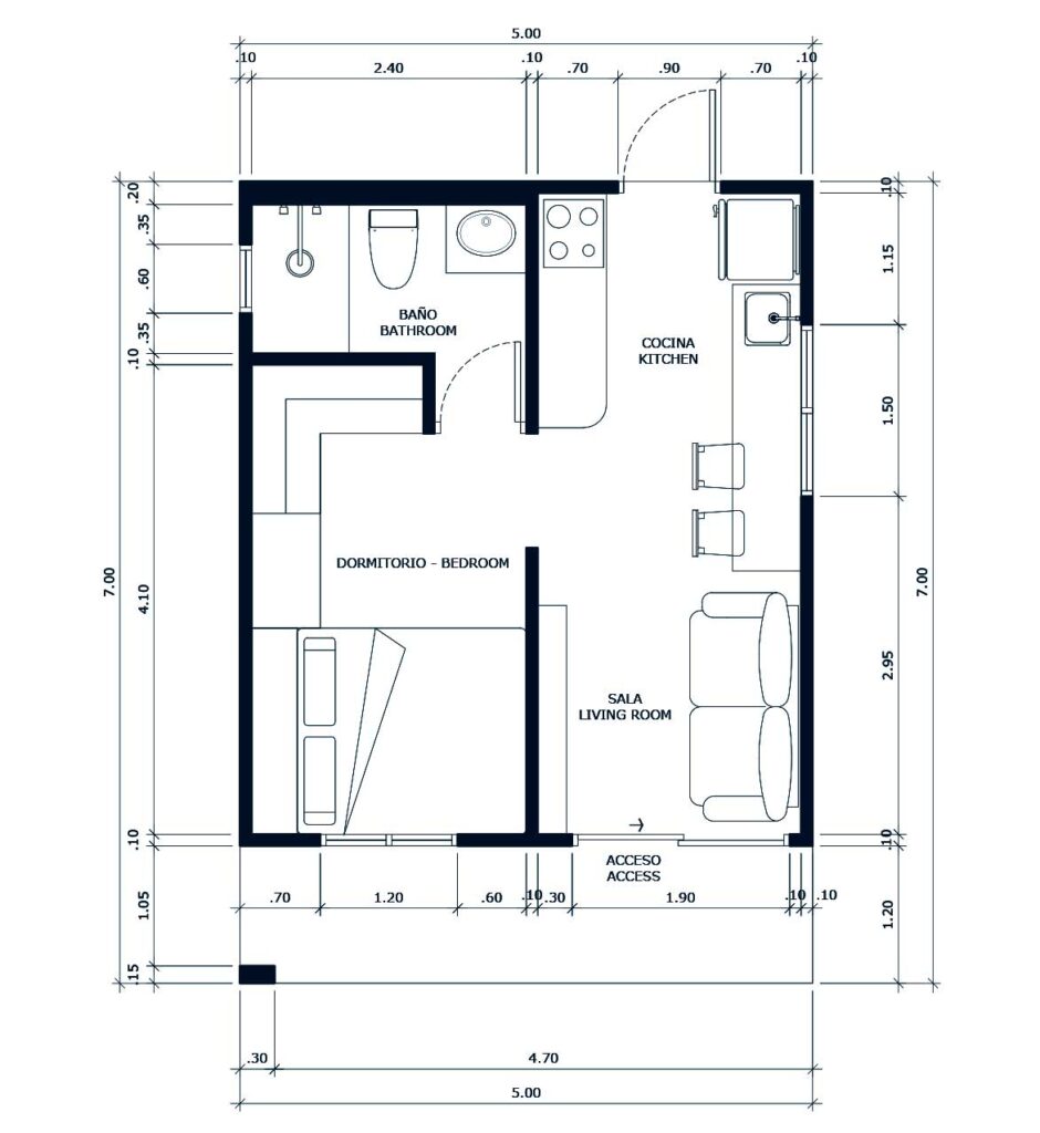 plano de casa moderna 5x7 metros