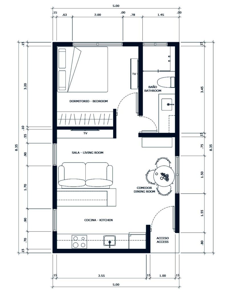 plano de casa moderna 5x8 metros