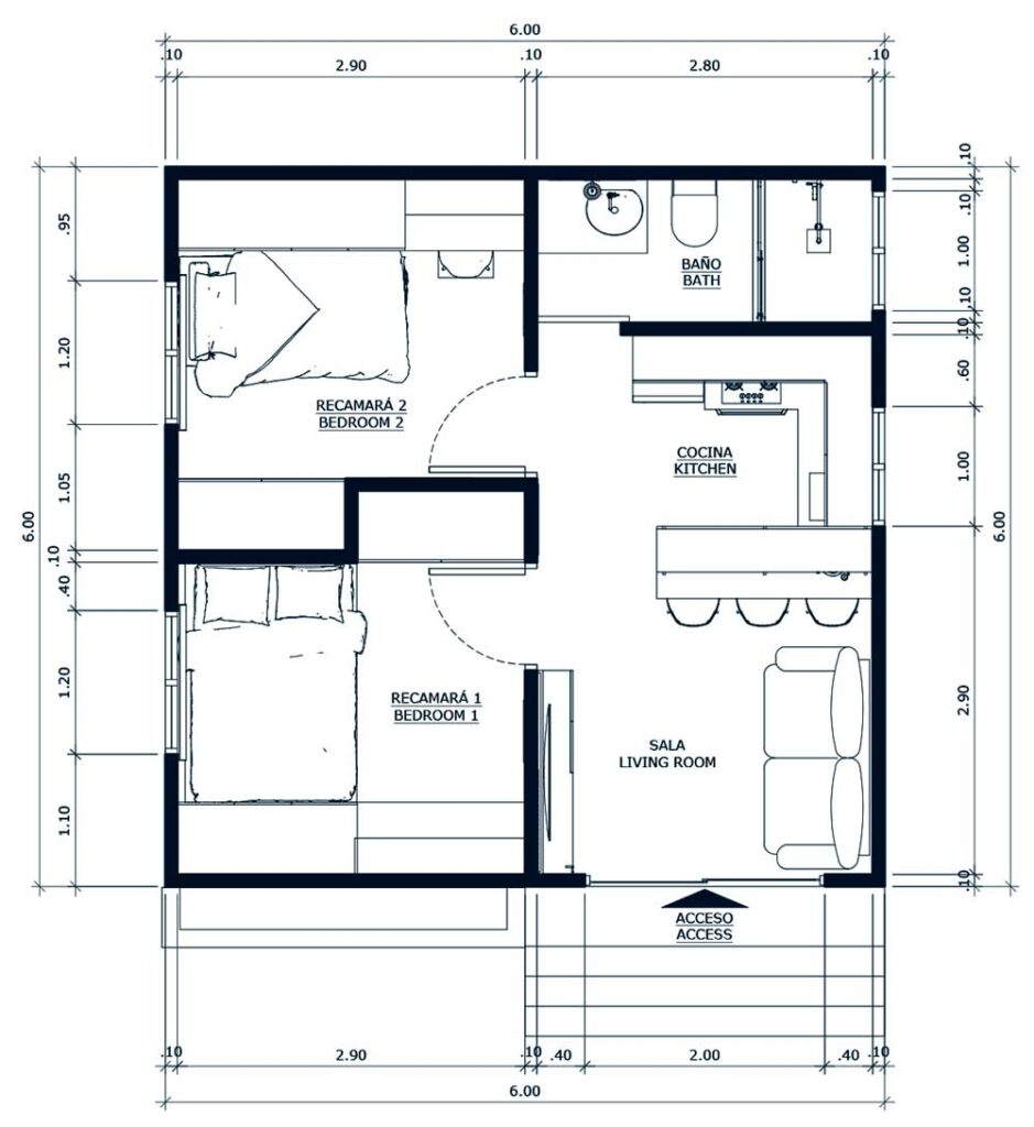 plano de casa moderna 6x6 metros