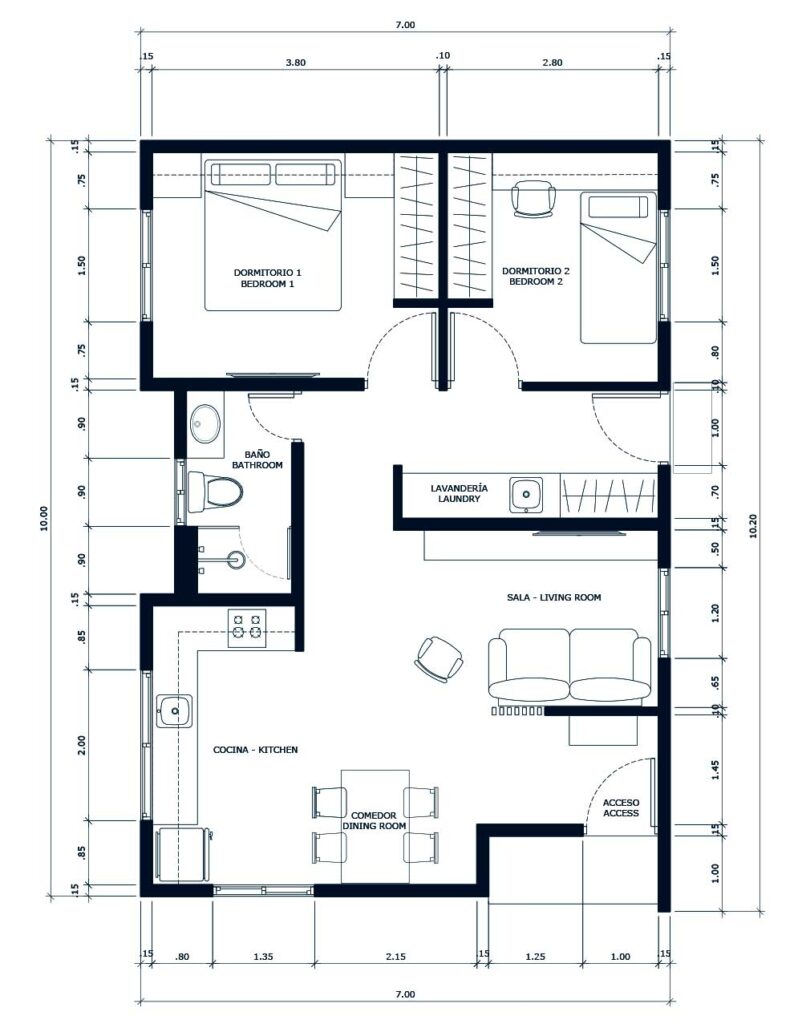 plano de casa moderna 7x10 metros