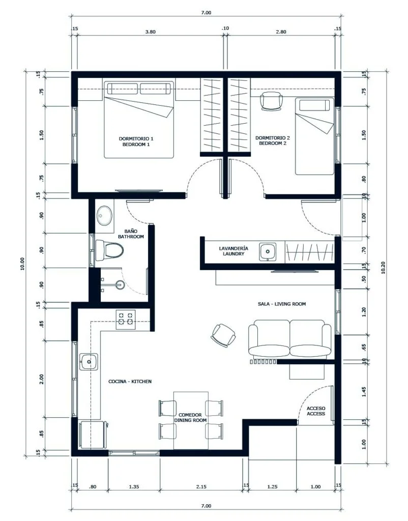 plano de casa 5x7 metros