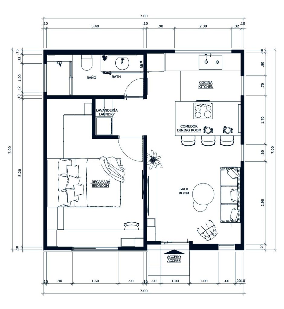 plano de casa moderna 7x7 metros