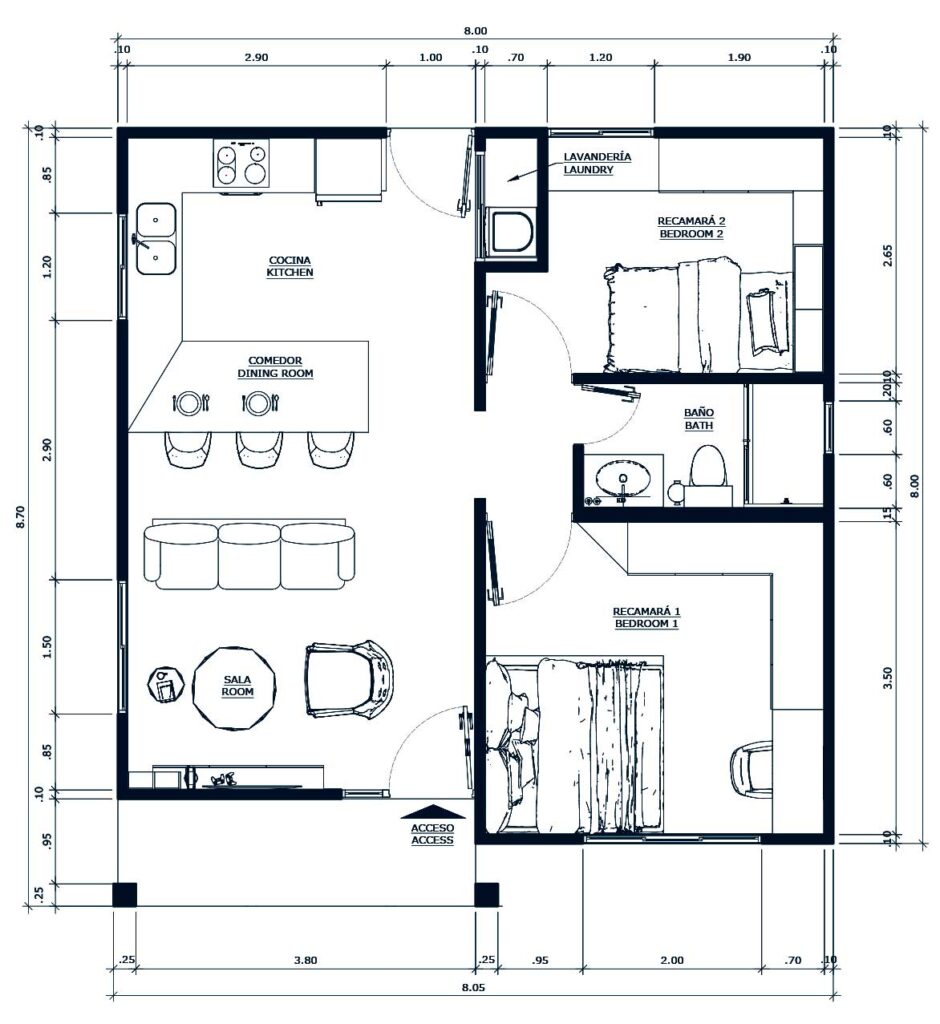 plano de casa moderna 8x8 metros