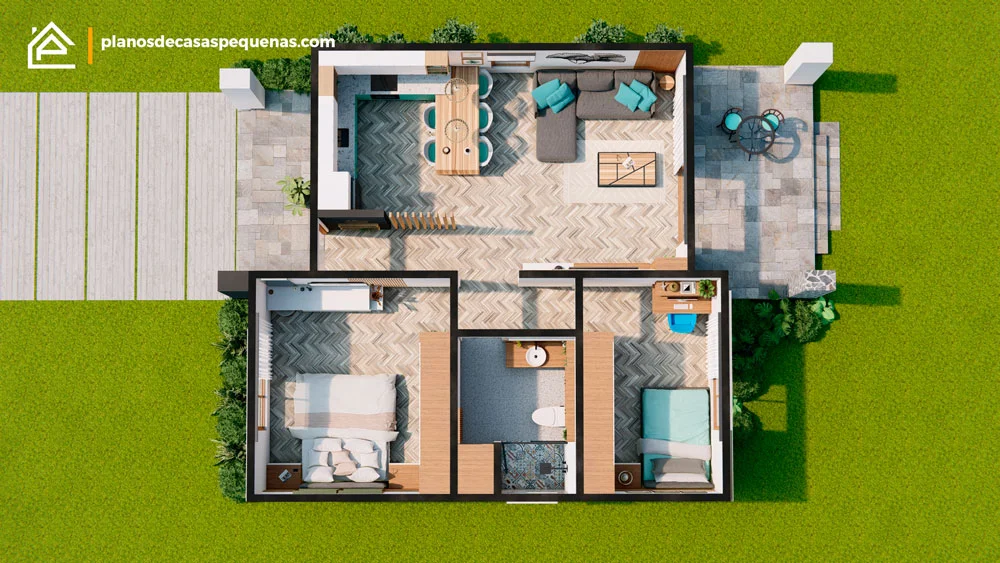 plano 3d de casa 9x9 metros moderna 