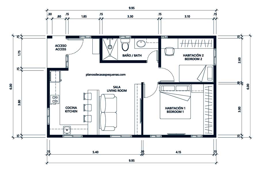 plano de casa pequeña de 6x10 metros