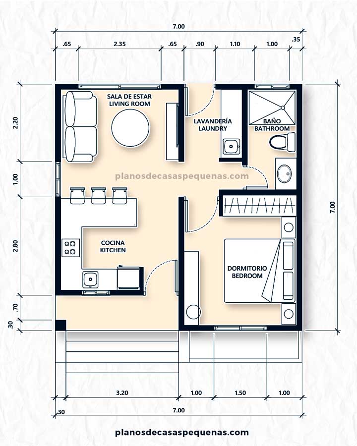 plano de casa pequeña de 7x7 metros